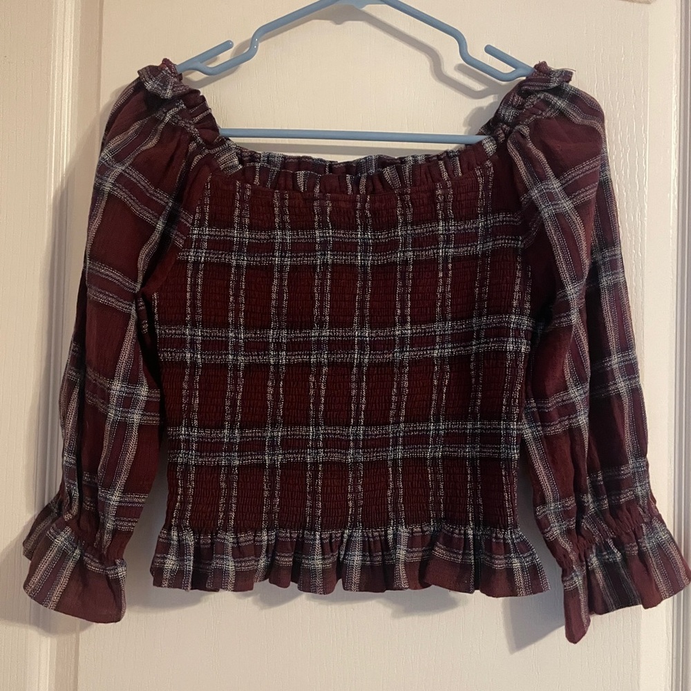 Moon River Burgundy Plaid Off-Shoulder Blouse Measures Small Preppy Academia
